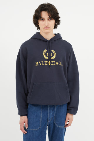 Balenciaga Navy 
Yellow Logo Hoodie