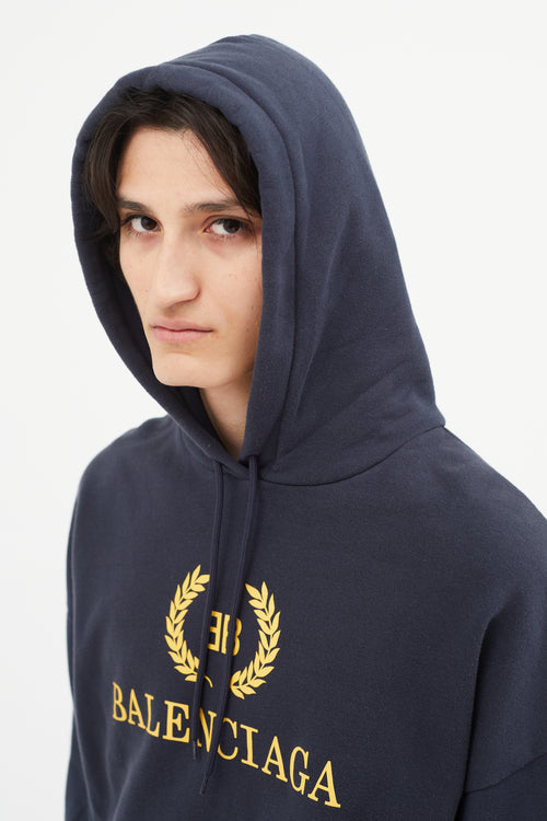 Balenciaga Navy 
Yellow Logo Hoodie