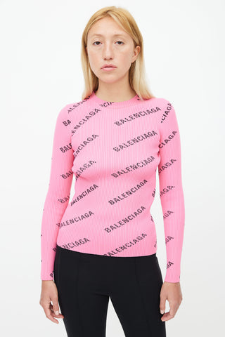 Balenciaga Pink Ribbed Knit Logo Sweater