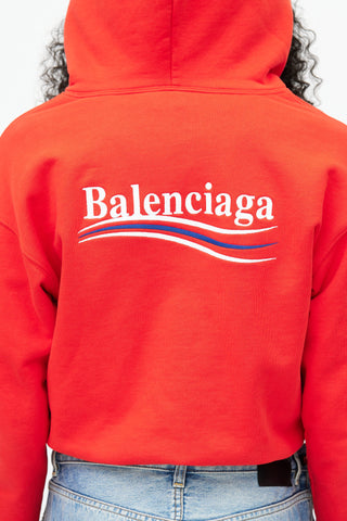 Balenciaga Red Embroidered Logo Shrunk Zip Hoodie