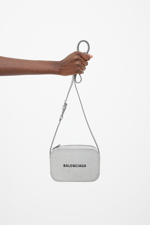 Balenciaga Silver Everyday Xs Glitter Logo Camera Bag