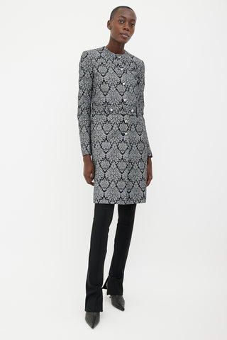 Balenciaga Black 
Grey Damask Print Belted Jacket