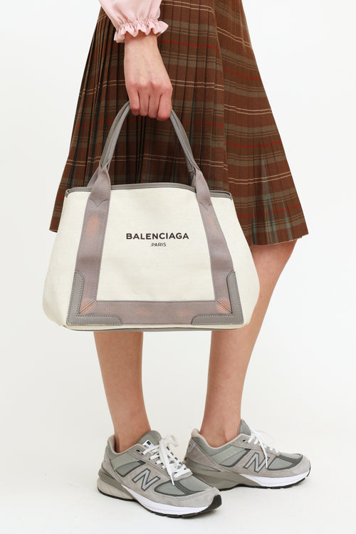 Balenciaga Grey 
Cream Canvas Small Cabas Tote Bag