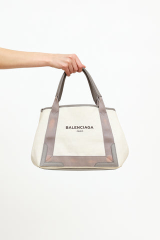 Balenciaga Grey 
Cream Canvas Small Cabas Tote Bag