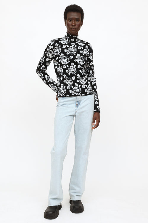 2019 Black 
White Floral Knit Turtleneck