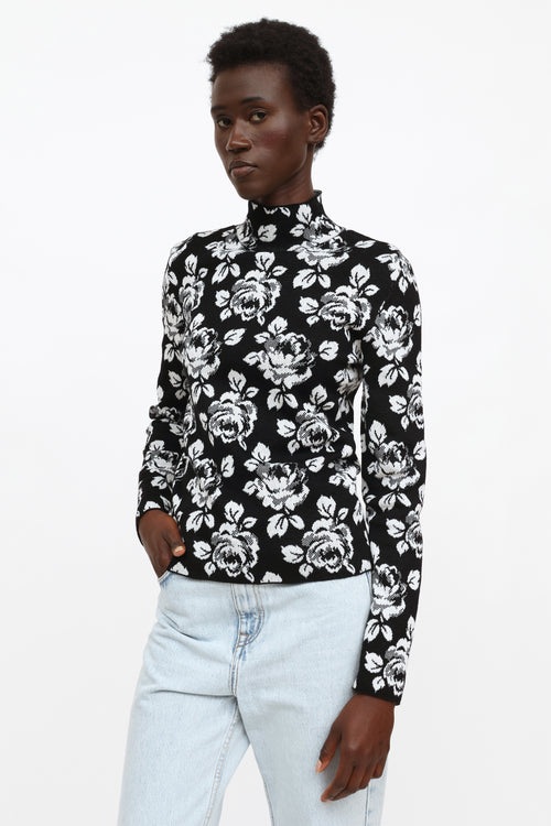 2019 Black 
White Floral Knit Turtleneck