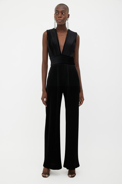 Balmain Black Pleated Velvet Sleeveless Jumpsuit