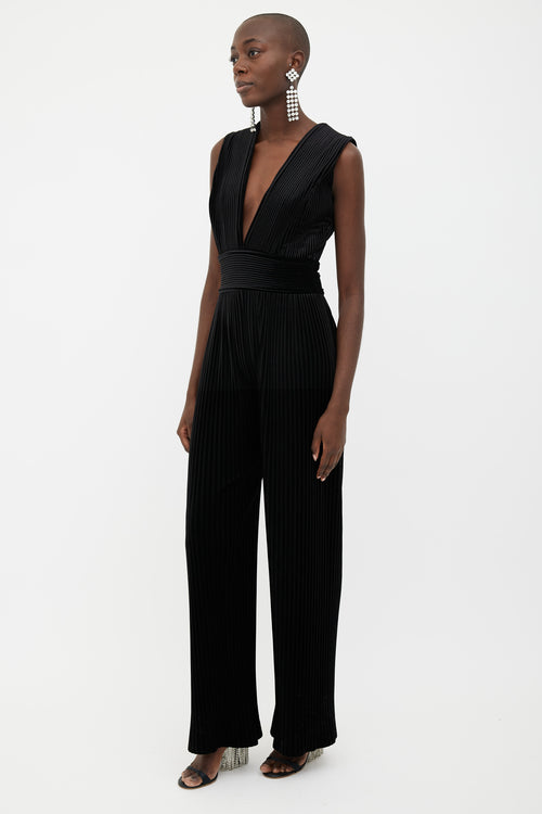 Balmain Black Pleated Velvet Sleeveless Jumpsuit