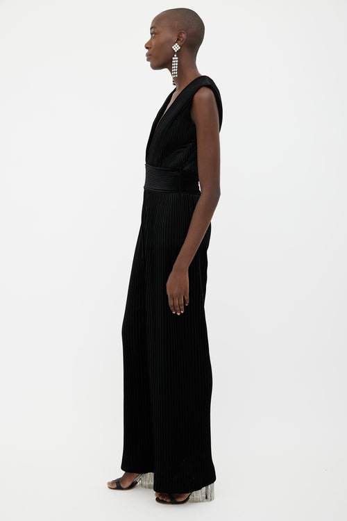 Balmain Black Pleated Velvet Sleeveless Jumpsuit