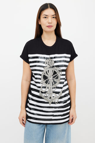 Balmain Black Cotton 
Sequin Stripes Anchor Rhinestone T-Shirt