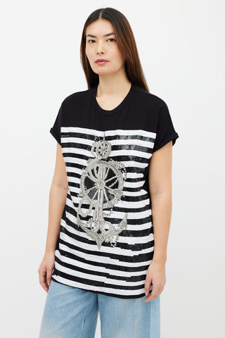 Balmain Black Cotton 
Sequin Stripes Anchor Rhinestone T-Shirt