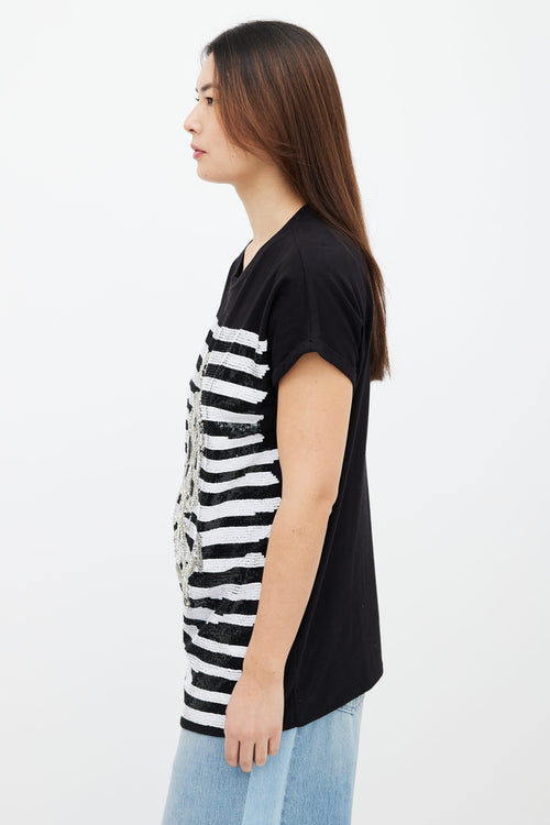 Balmain Black Cotton 
Sequin Stripes Anchor Rhinestone T-Shirt