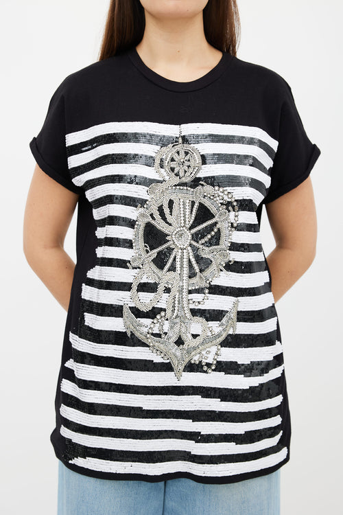 Balmain Black Cotton 
Sequin Stripes Anchor Rhinestone T-Shirt