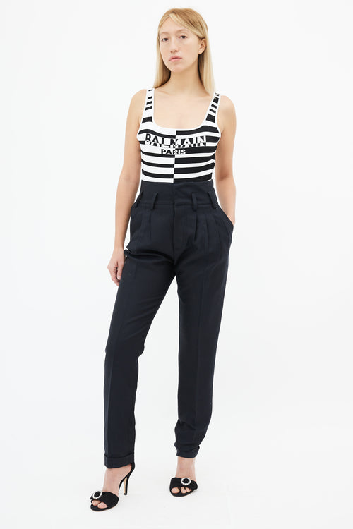 Balmain Black 
White Stripe Logo Bodysuit