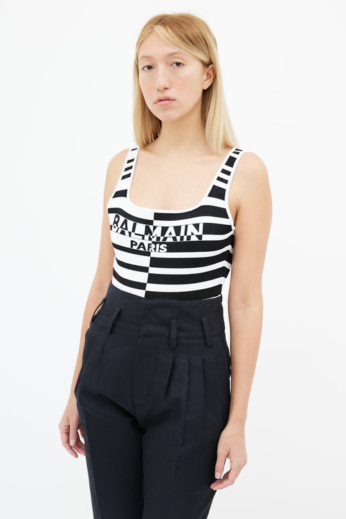 Balmain Black 
White Stripe Logo Bodysuit