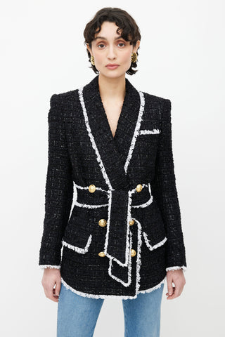 Balmain Black 
White Tweed Pyjama Belted Blazer