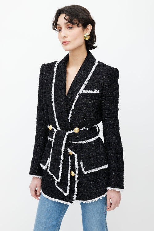 Balmain Black 
White Tweed Pyjama Belted Blazer