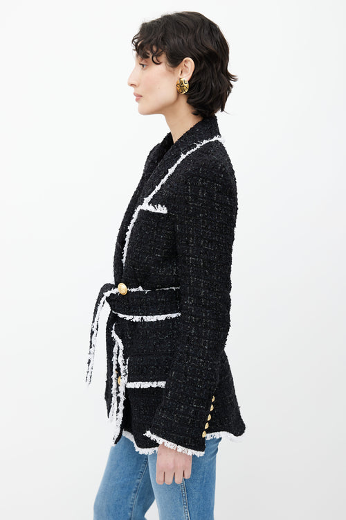 Balmain Black 
White Tweed Pyjama Belted Blazer