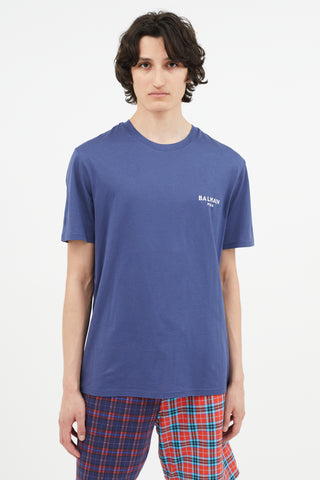 Balmain Blue 
White Embroidery Logo T-Shirt