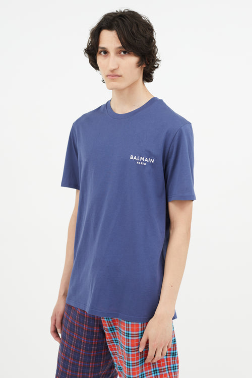 Balmain Blue 
White Embroidery Logo T-Shirt