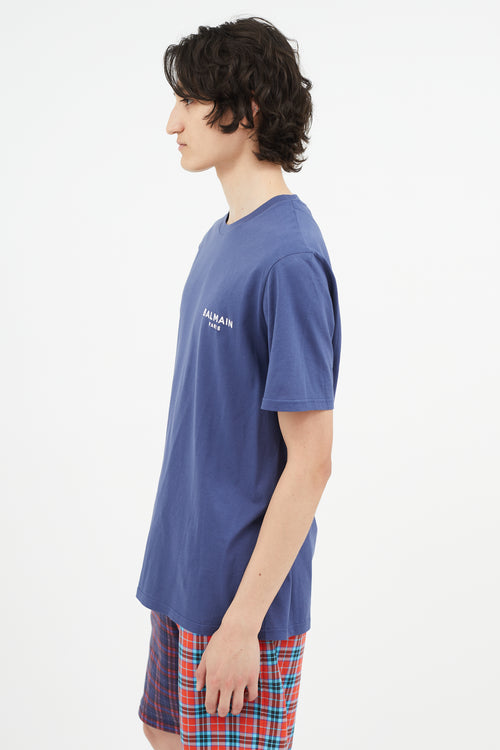 Balmain Blue 
White Embroidery Logo T-Shirt