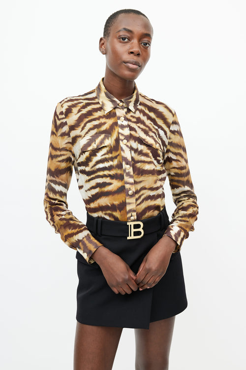 Balmain Black 
Brown Print Sheer Blouse