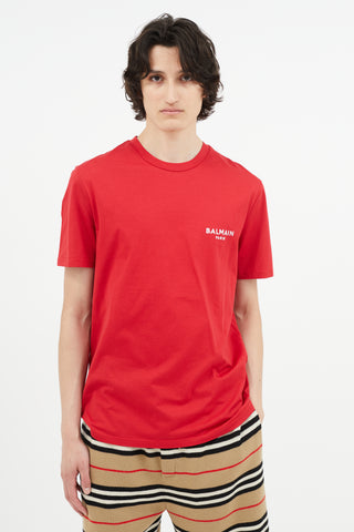 Balmain Red 
White Embroidery Logo T-Shirt