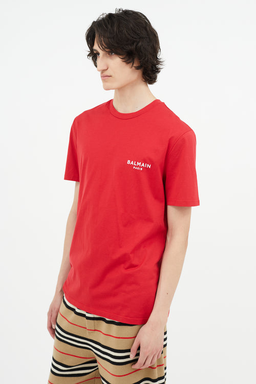 Balmain Red 
White Embroidery Logo T-Shirt