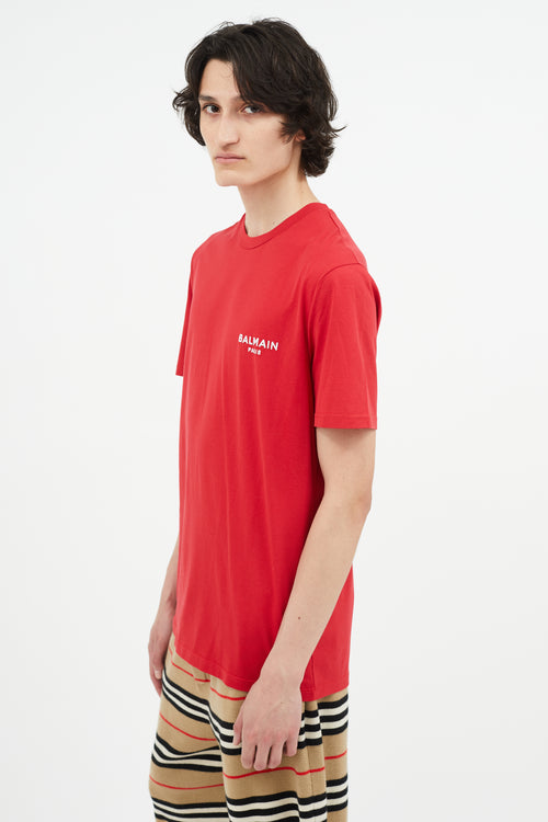 Balmain Red 
White Embroidery Logo T-Shirt