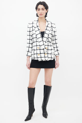 Balmain Spring 2018 White 
Black Checker Tweed Blazer