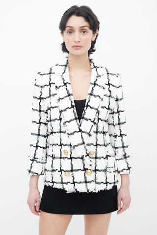 Balmain Spring 2018 White 
Black Checker Tweed Blazer