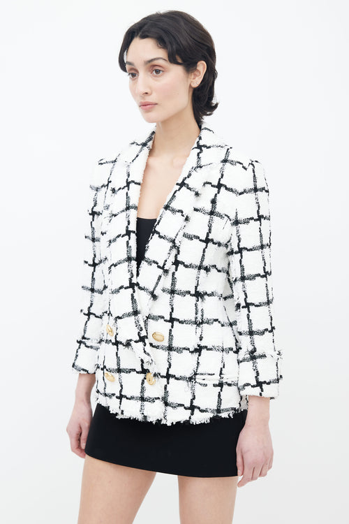 Balmain Spring 2018 White 
Black Checker Tweed Blazer