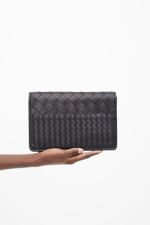 Bottega Veneta Black 
Dark Brown Intrecciato Leather Flap Clutch