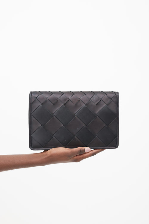 Bottega Veneta Black 
Dark Brown Intrecciato Leather Flap Clutch