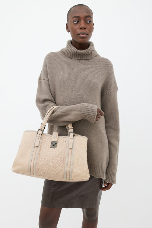 Bottega Veneta Beige Intrecciato Woven Trim Roma Tote Bag