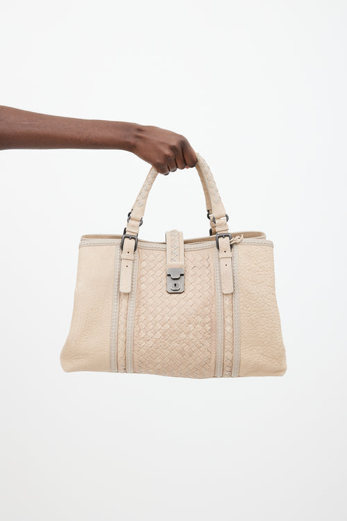 Bottega Veneta Beige Intrecciato Woven Trim Roma Tote Bag