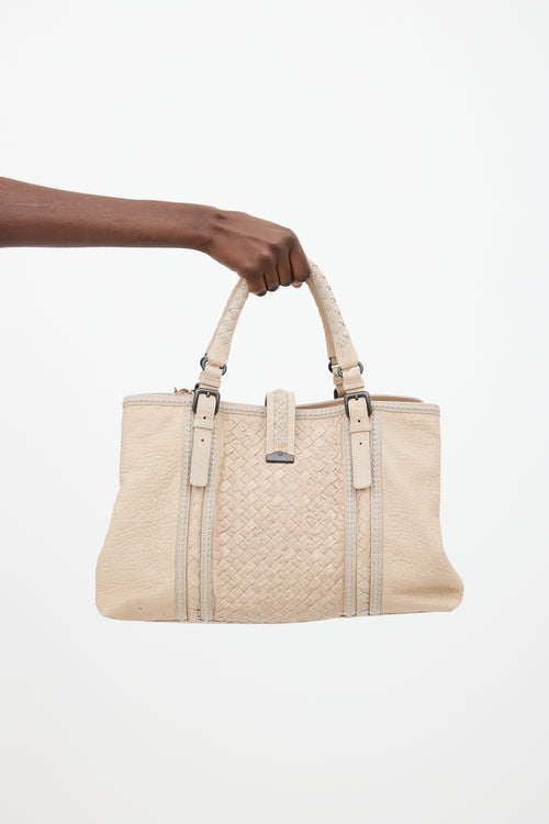 Bottega Veneta Beige Intrecciato Woven Trim Roma Tote Bag