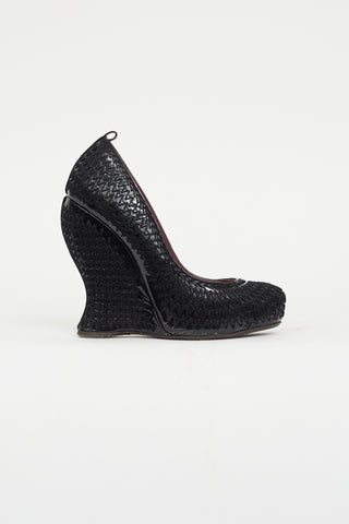 Bottega Veneta Black Patent Woven Wedge Pump