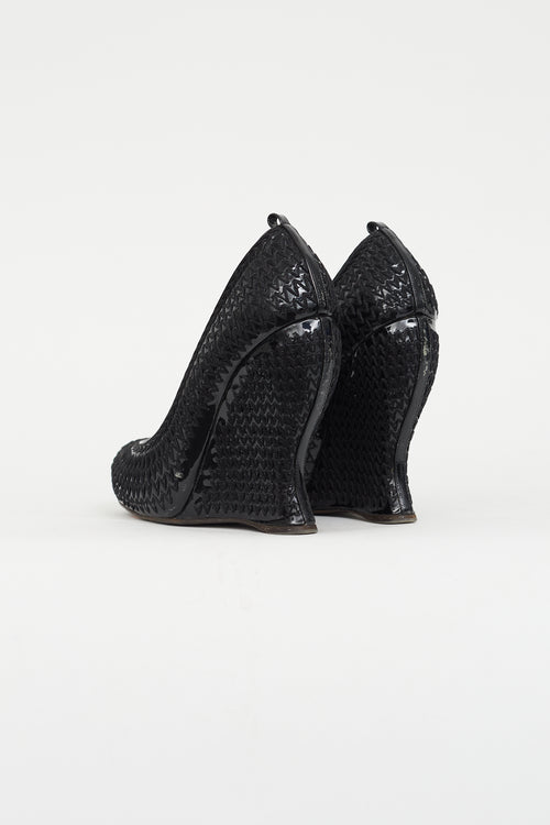 Bottega Veneta Black Patent Woven Wedge Pump