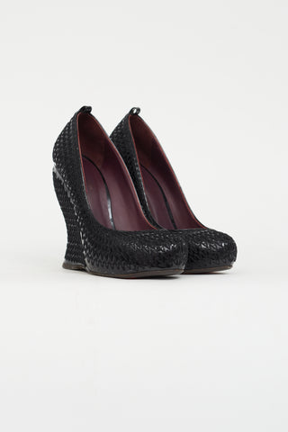 Bottega Veneta Black Patent Woven Wedge Pump