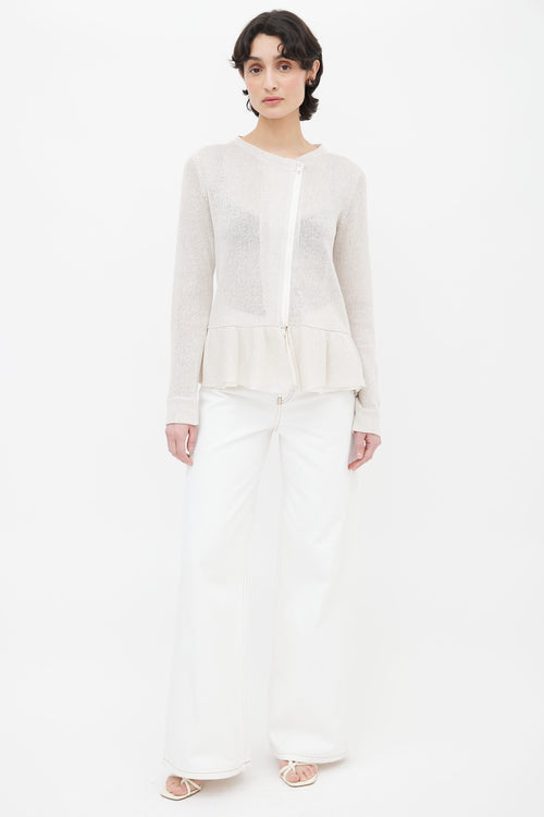 Brunello Cucinelli Cream Knit Ruffle Zipped Cardigan