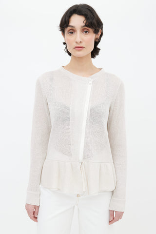 Brunello Cucinelli Cream Knit Ruffle Zipped Cardigan