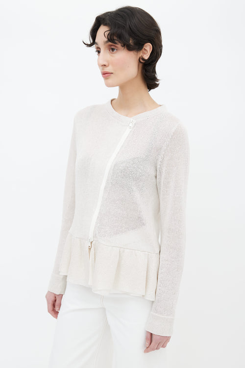 Brunello Cucinelli Cream Knit Ruffle Zipped Cardigan