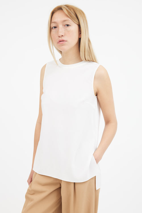 Brunello Cucinelli White Silk Sleeveless Monili Trim Blouse