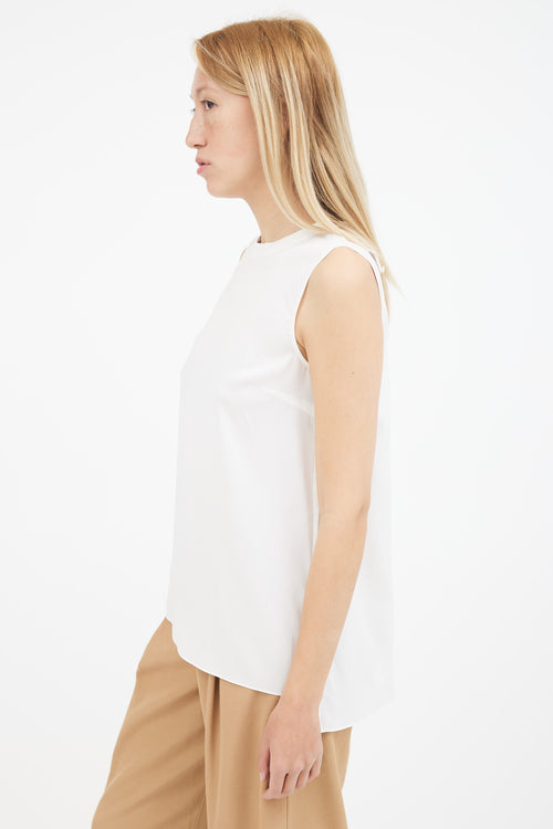 Brunello Cucinelli White Silk Sleeveless Monili Trim Blouse