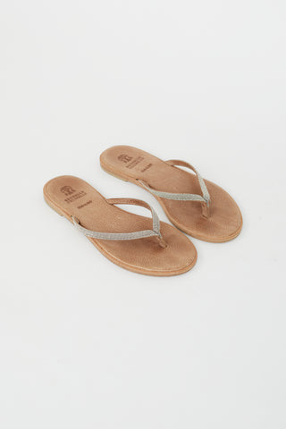 Brunello Cucinelli Brown Leather Monili Bead Flip Flop