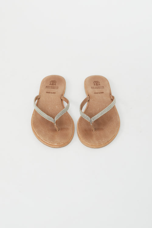 Brunello Cucinelli Brown Leather Monili Bead Flip Flop