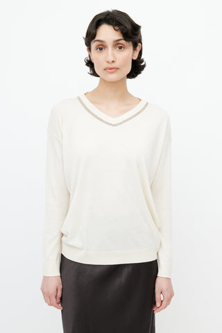 Brunello Cucinelli Cream Monili Knit Sweater