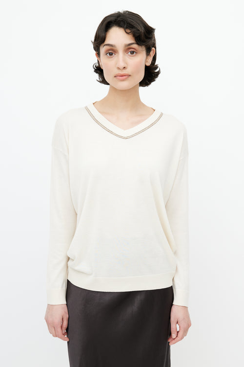 Brunello Cucinelli Cream Monili Knit Sweater