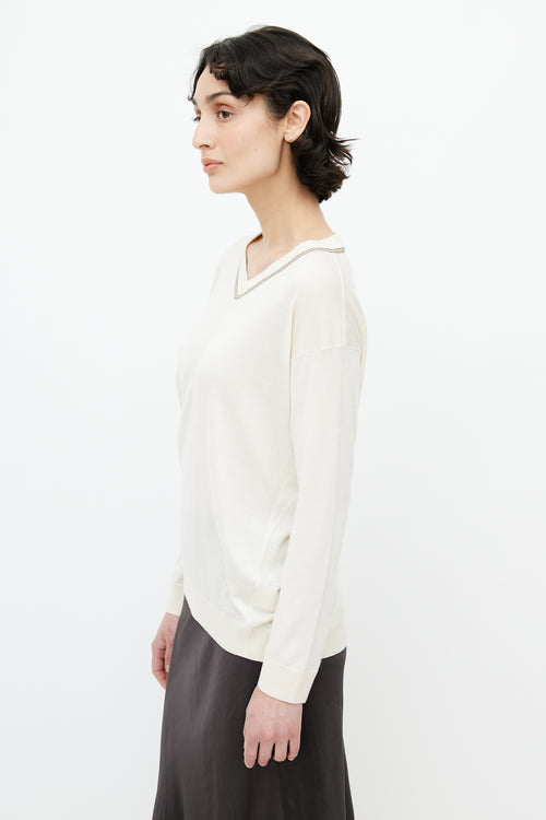 Brunello Cucinelli Cream Monili Knit Sweater